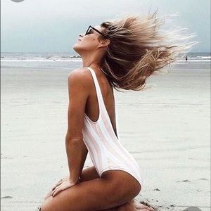 Pink and white striped one piece swimsuit